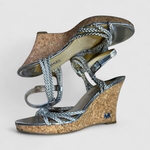EUC [Michael Kors] Braided < Palm Beach > Silver Strappy Cork Wedge Sandals | 7